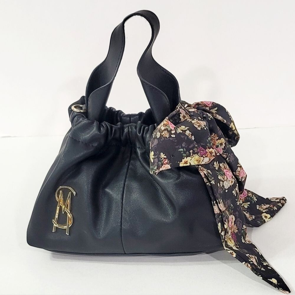 Steve Madden PU Leather Monogram Mini Handbag Fully Lined Black Silky Bow NEW